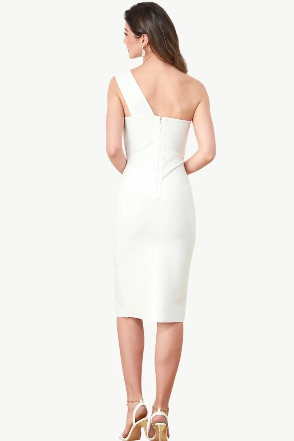 One Shoulder White Bodycon Dress with Buttons sold by Zapaka product image thumbnail 2