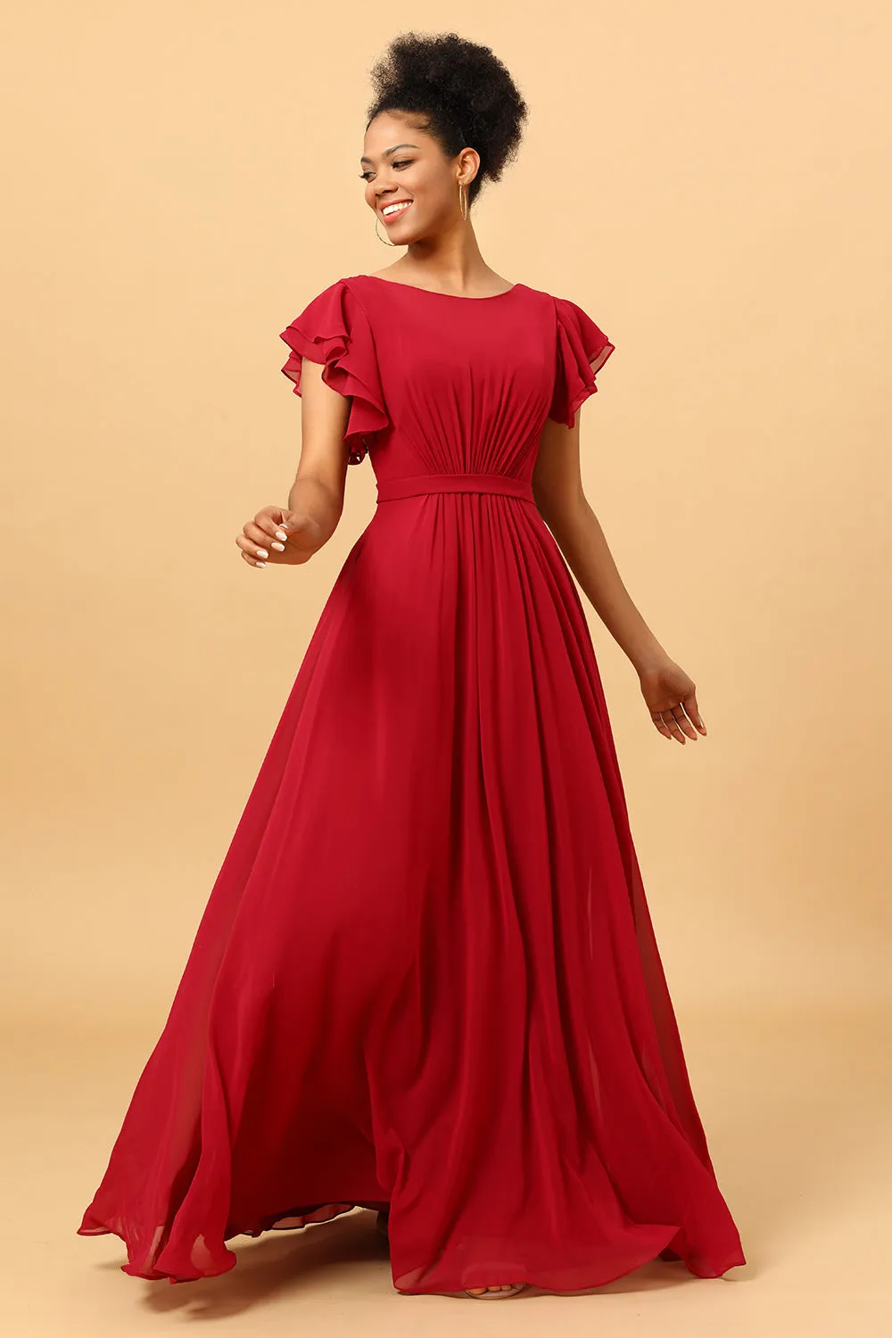Chiffon Burgundy Bridesmaid Dress with Ruffles Sleeves sold by Zapaka product image thumbnail 4