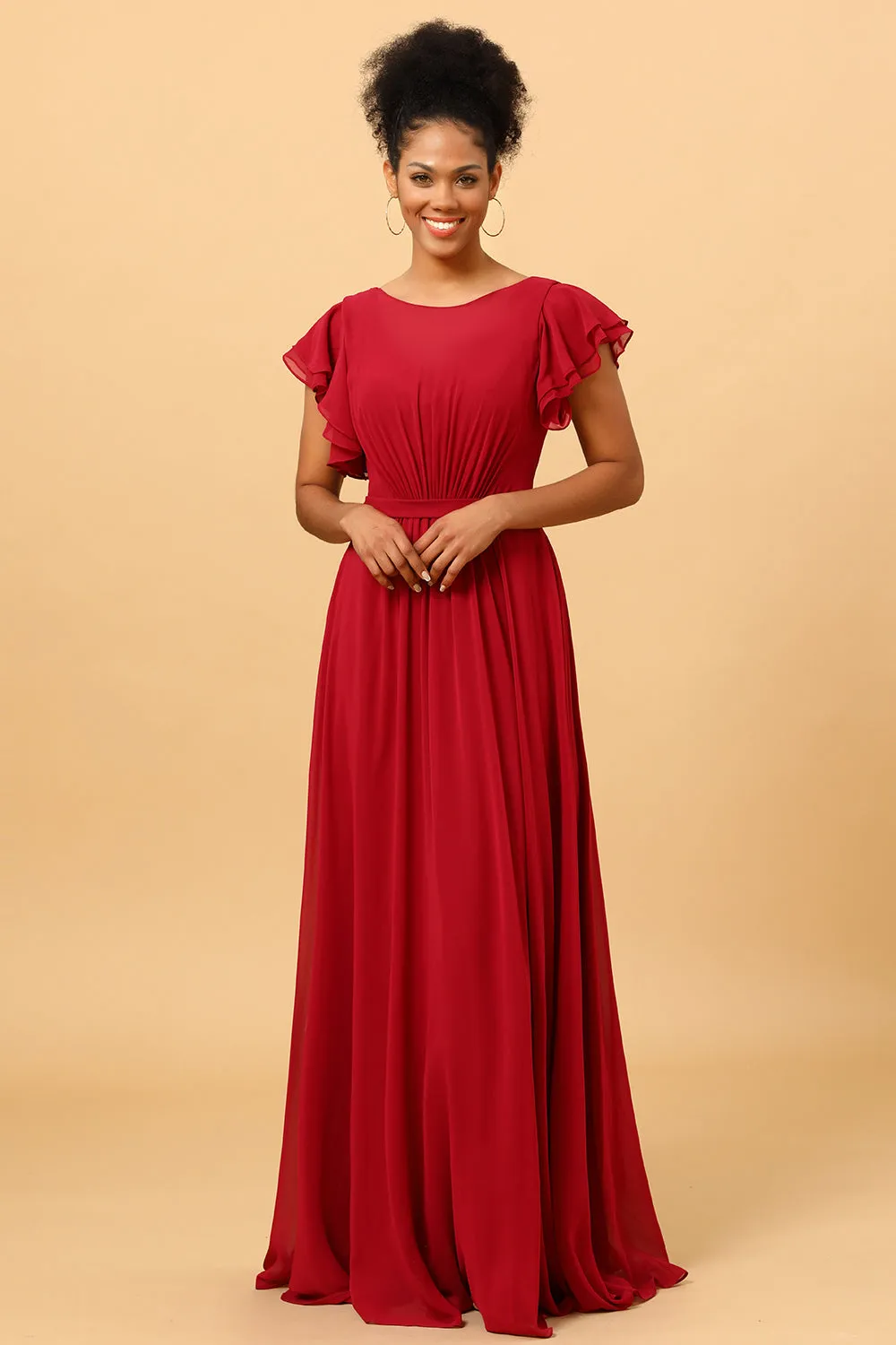 Chiffon Burgundy Bridesmaid Dress with Ruffles Sleeves sold by Zapaka