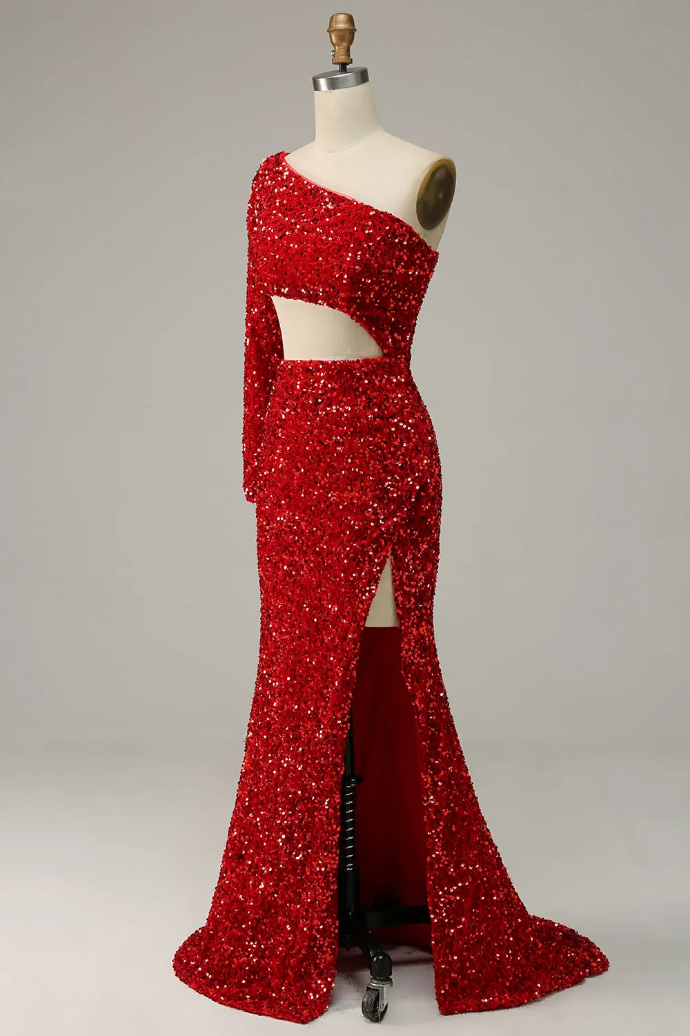Mermaid One Shoulder Red Sequins Cut Out Prom Dress with Slit Front sold by Zapaka product image thumbnail 3