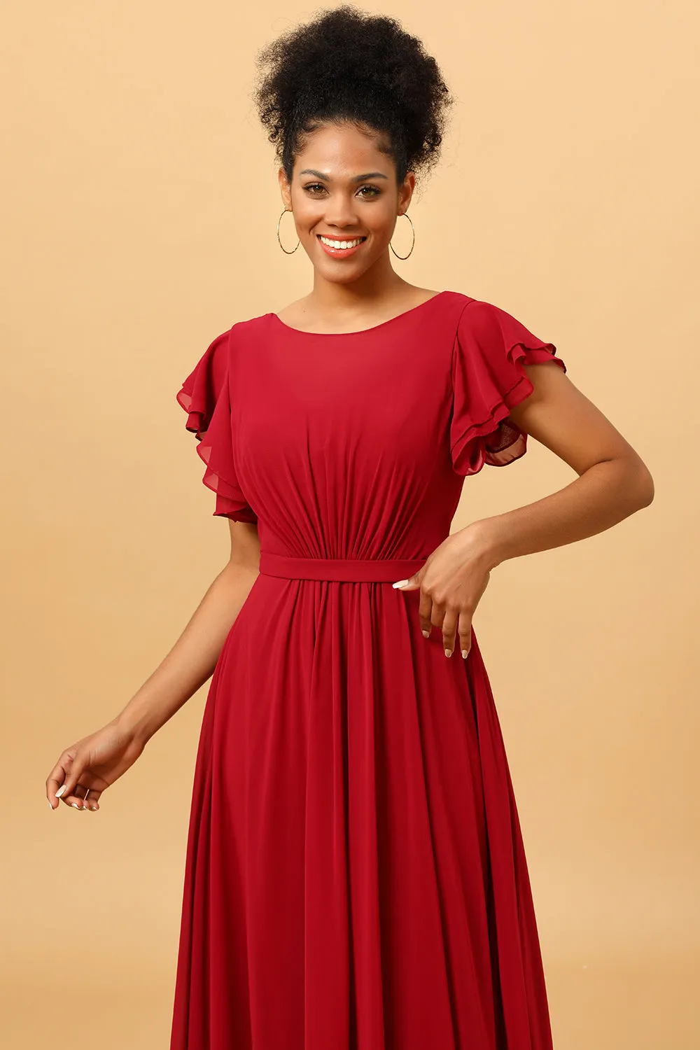 Chiffon Burgundy Bridesmaid Dress with Ruffles Sleeves sold by Zapaka product image thumbnail 5