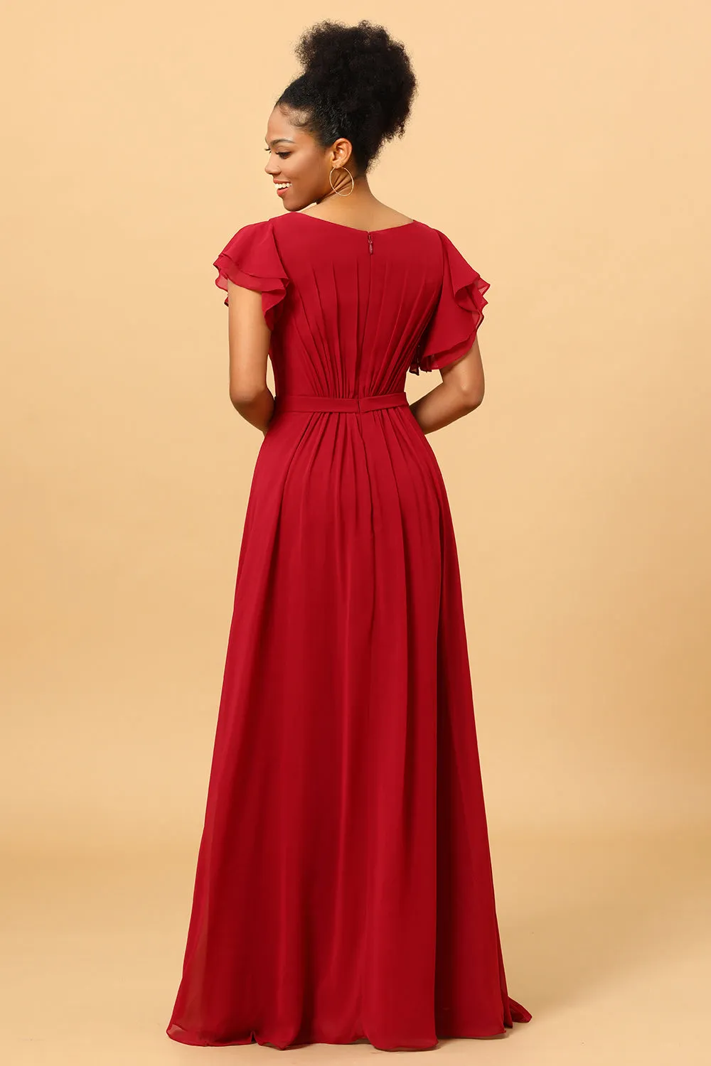 Chiffon Burgundy Bridesmaid Dress with Ruffles Sleeves sold by Zapaka product image thumbnail 2