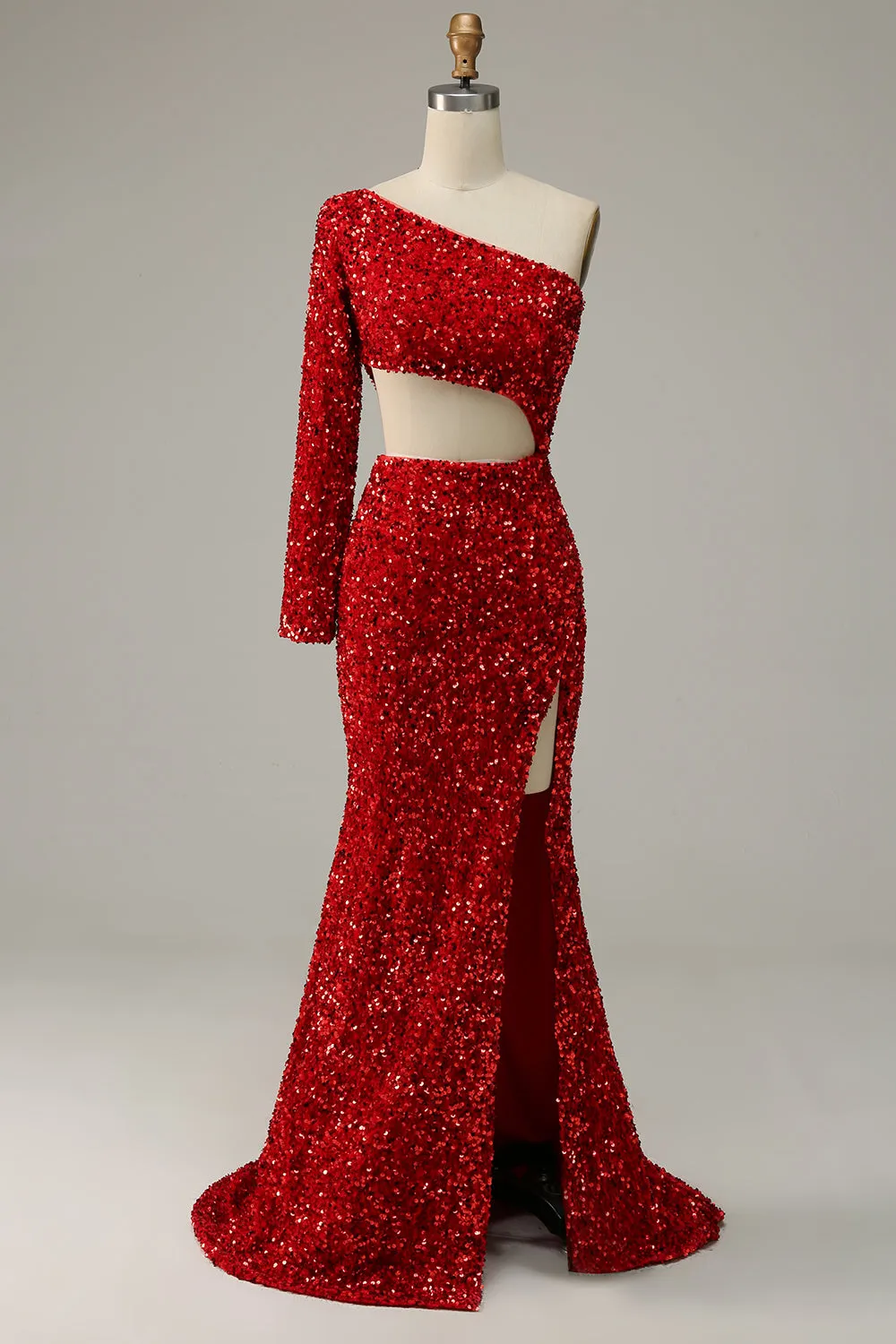Mermaid One Shoulder Red Sequins Cut Out Prom Dress with Slit Front sold by Zapaka