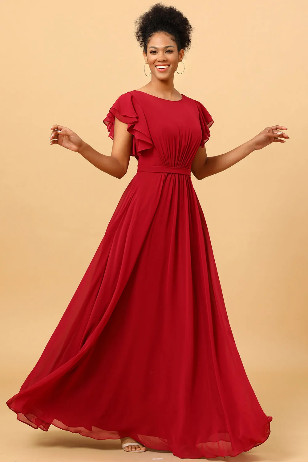 Chiffon Burgundy Bridesmaid Dress with Ruffles Sleeves sold by Zapaka product image thumbnail 3