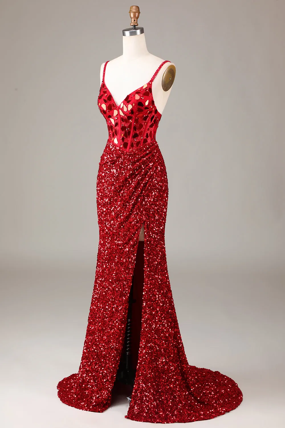 Glitter Mirror Sequins Red Corset Prom Dress with Slit sold by Zapaka product image thumbnail 4