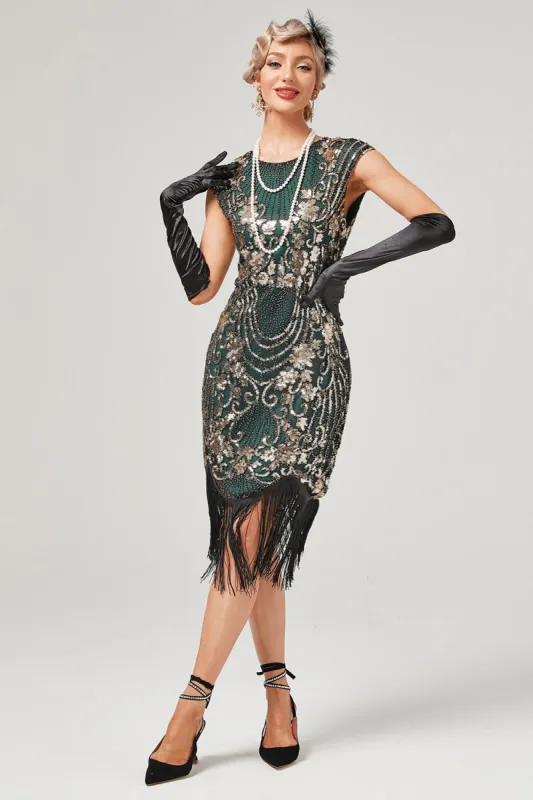 Green Round Neck Golden Embroidery 1920s Dress With Fringes sold by Zapaka