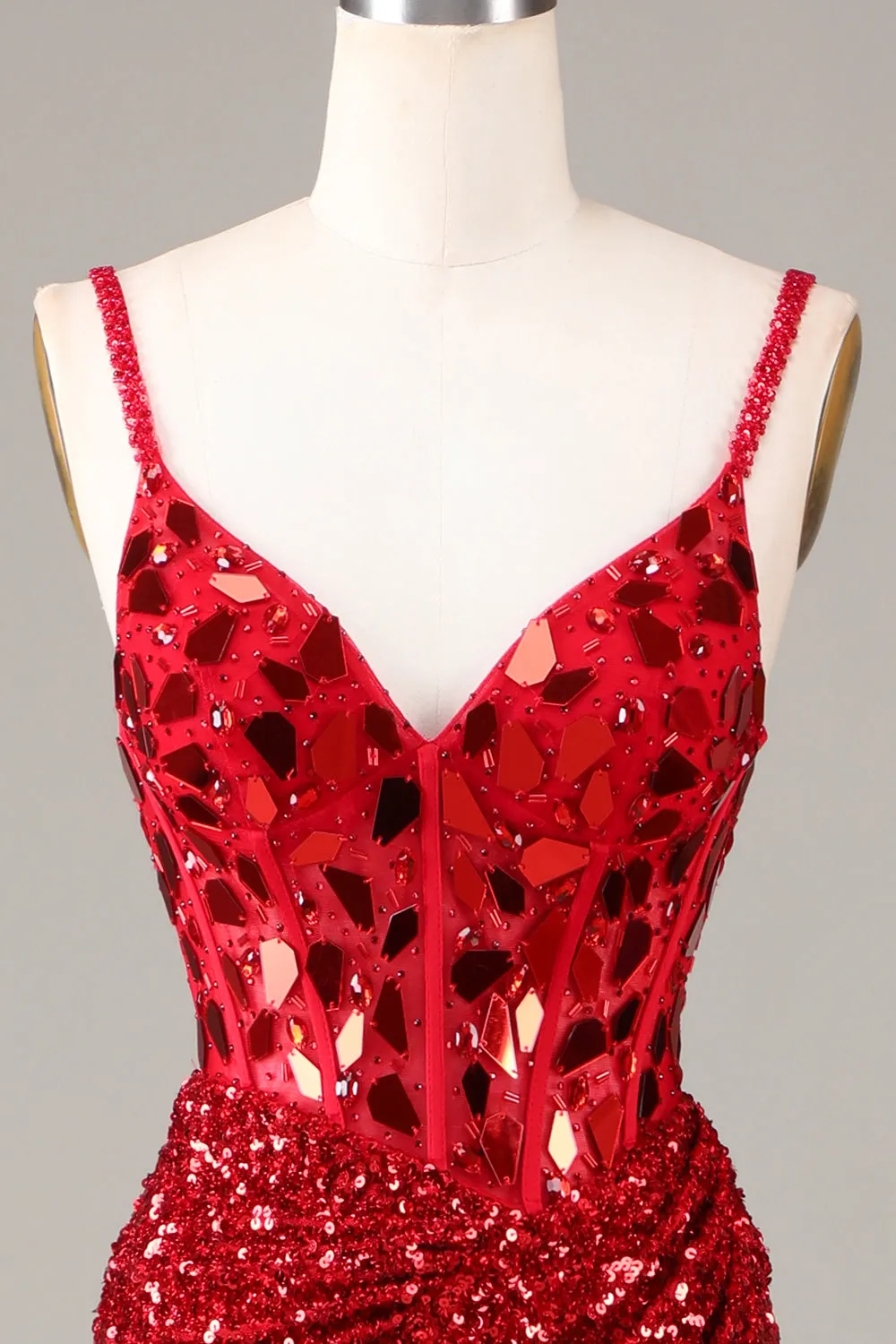 Glitter Mirror Sequins Red Corset Prom Dress with Slit sold by Zapaka product image thumbnail 5