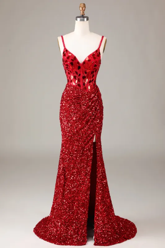 Glitter Mirror Sequins Red Corset Prom Dress with Slit made by Zapaka