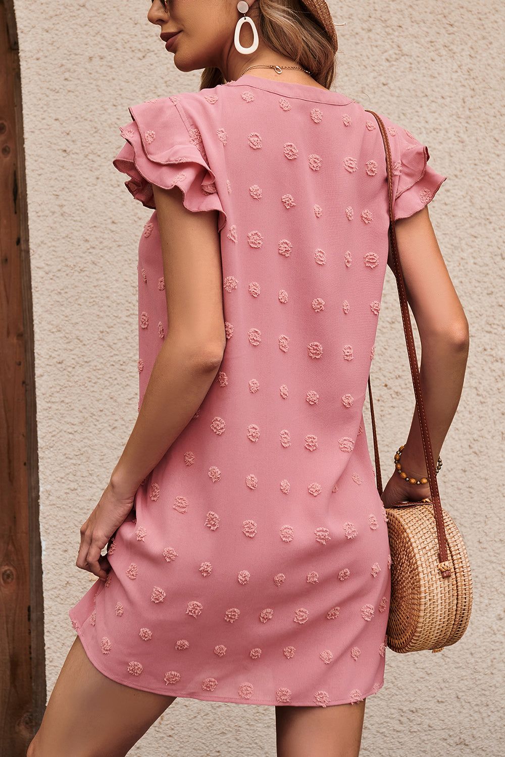 Pink Flutter Sleeves V-neck Short Summer Dress sold by Zapaka product image thumbnail 2