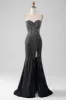 Sparkly Black Strapless Beaded Mermaid Prom Dress with Slit sold by Zapaka