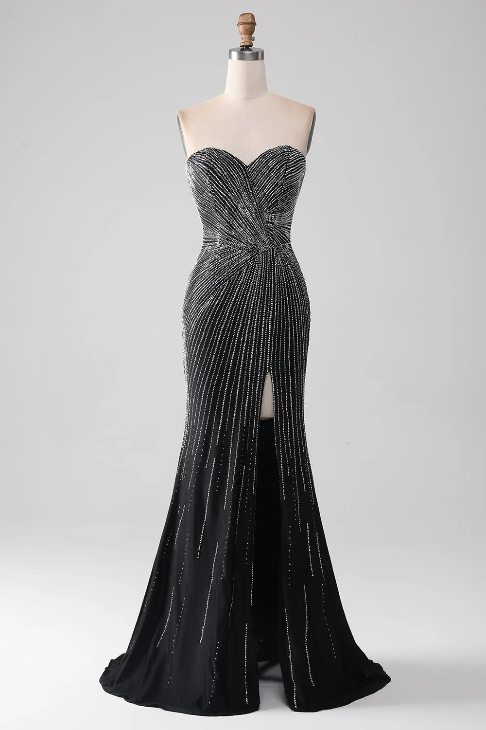 Sparkly Black Strapless Beaded Mermaid Prom Dress with Slit sold by Zapaka