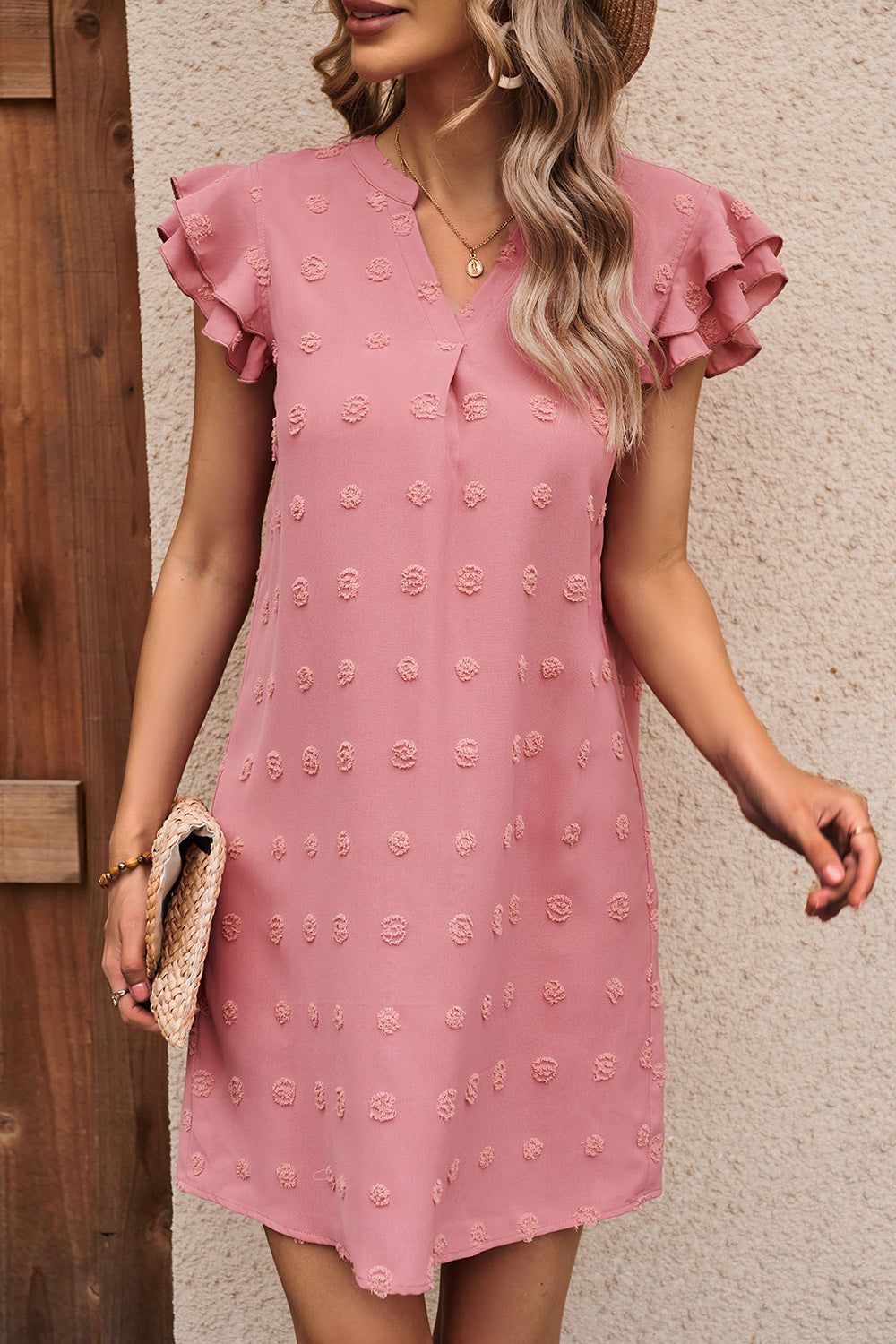 Pink Flutter Sleeves V-neck Short Summer Dress sold by Zapaka product image thumbnail 3