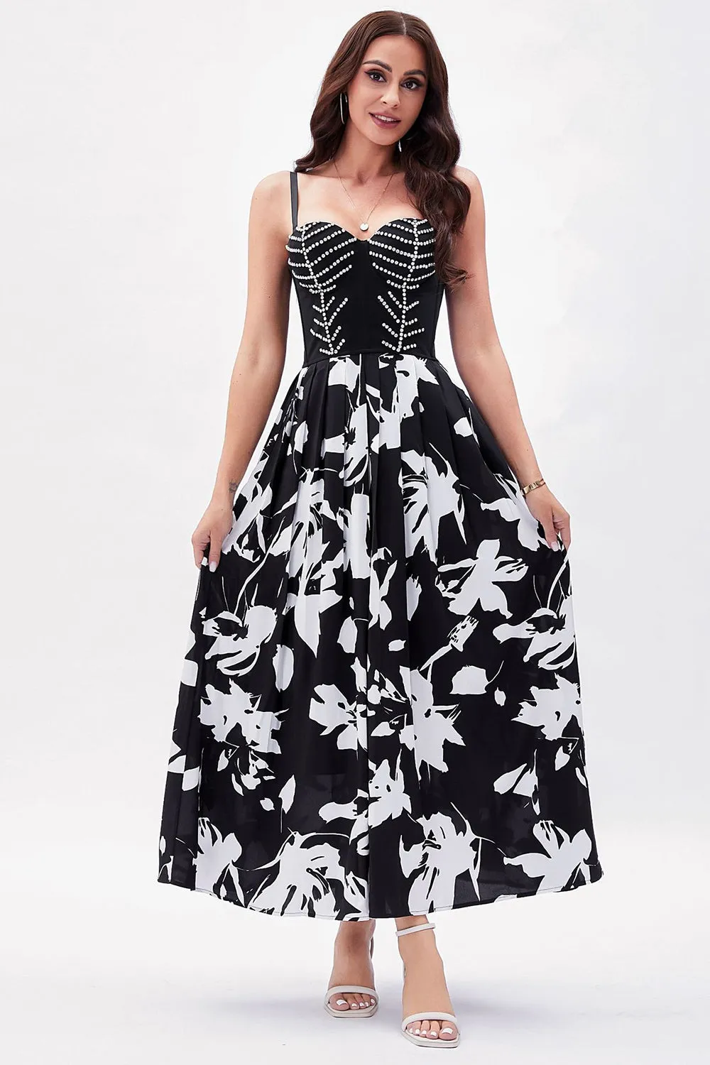 Black White Flower Printed A-Line Spaghetti Straps Party Dress sold by Zapaka