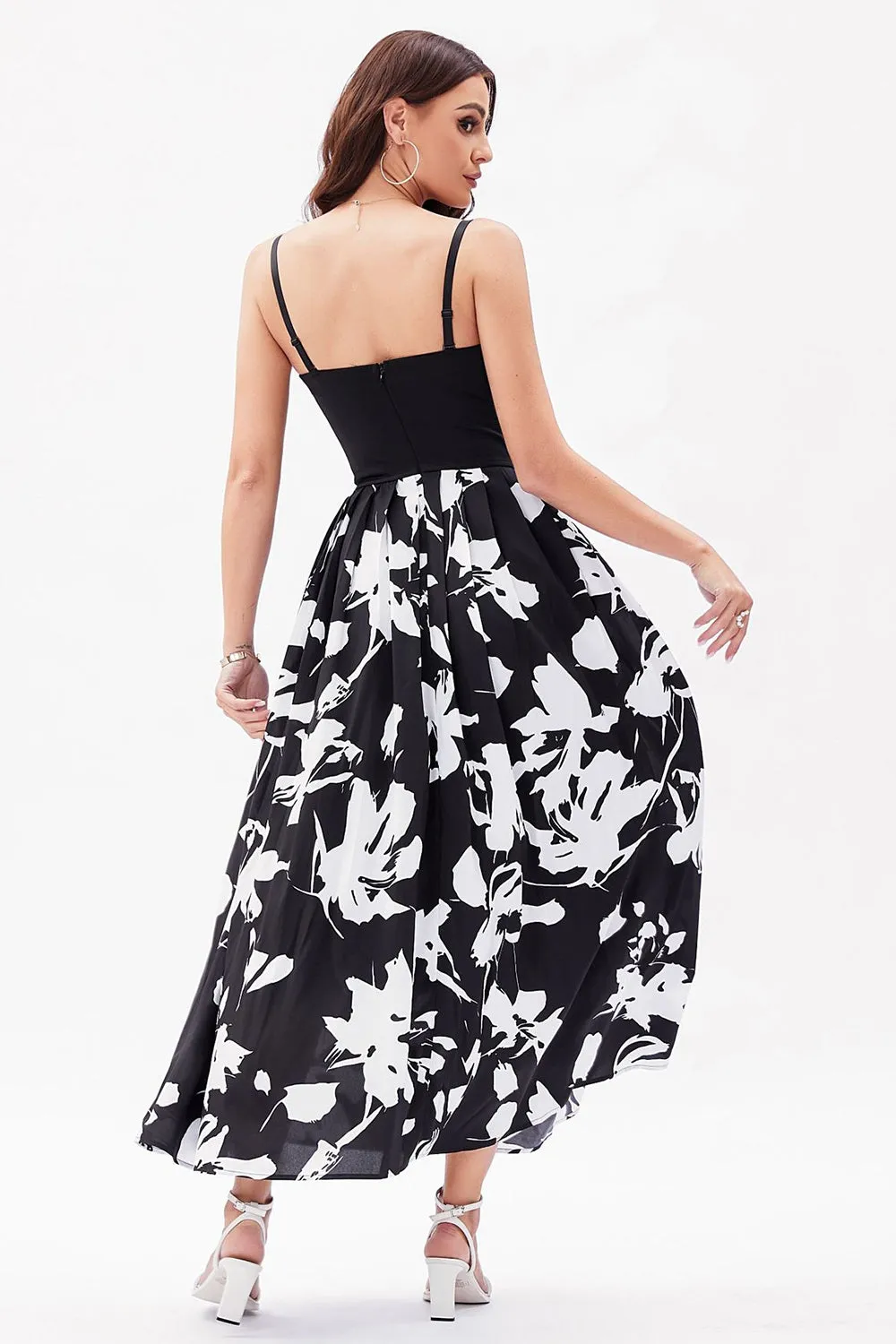 Black White Flower Printed A-Line Spaghetti Straps Party Dress sold by Zapaka product image thumbnail 2