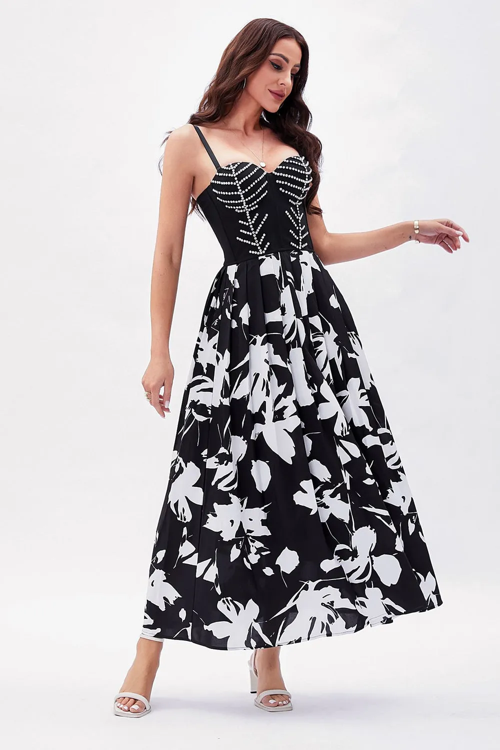 Black White Flower Printed A-Line Spaghetti Straps Party Dress sold by Zapaka product image thumbnail 3