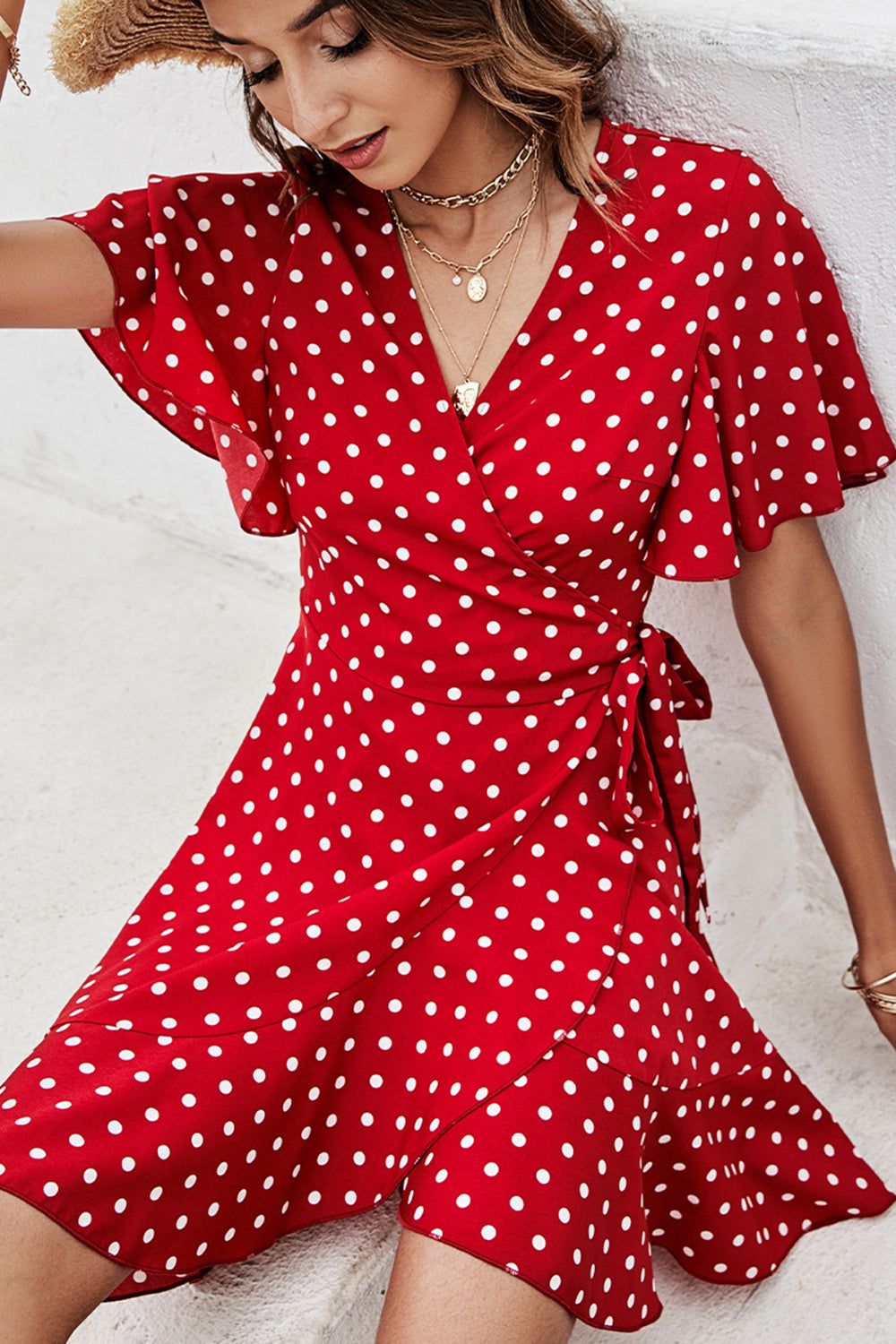 Red Flutter Sleeve Polka Dots Wrap Summer Dress With Ruffles sold by Zapaka product image thumbnail 5