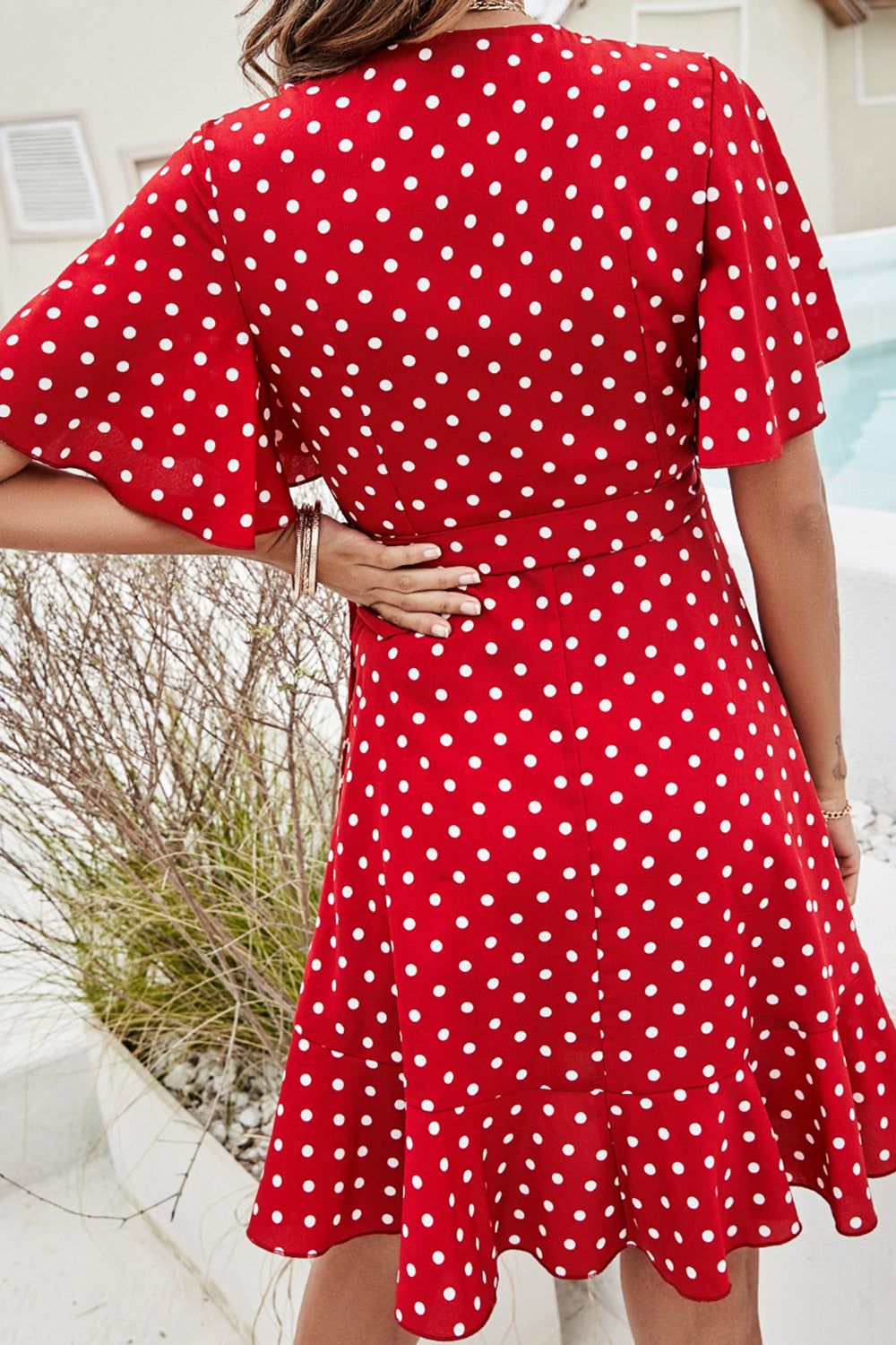 Red Flutter Sleeve Polka Dots Wrap Summer Dress With Ruffles sold by Zapaka product image thumbnail 2