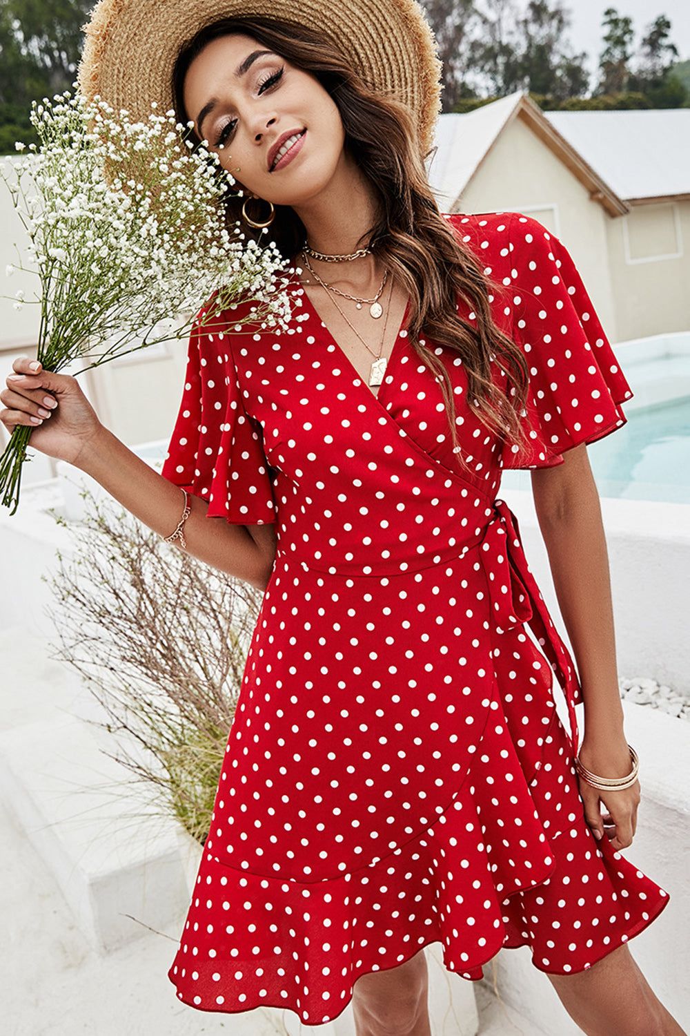 Red Flutter Sleeve Polka Dots Wrap Summer Dress With Ruffles sold by Zapaka product image thumbnail 3