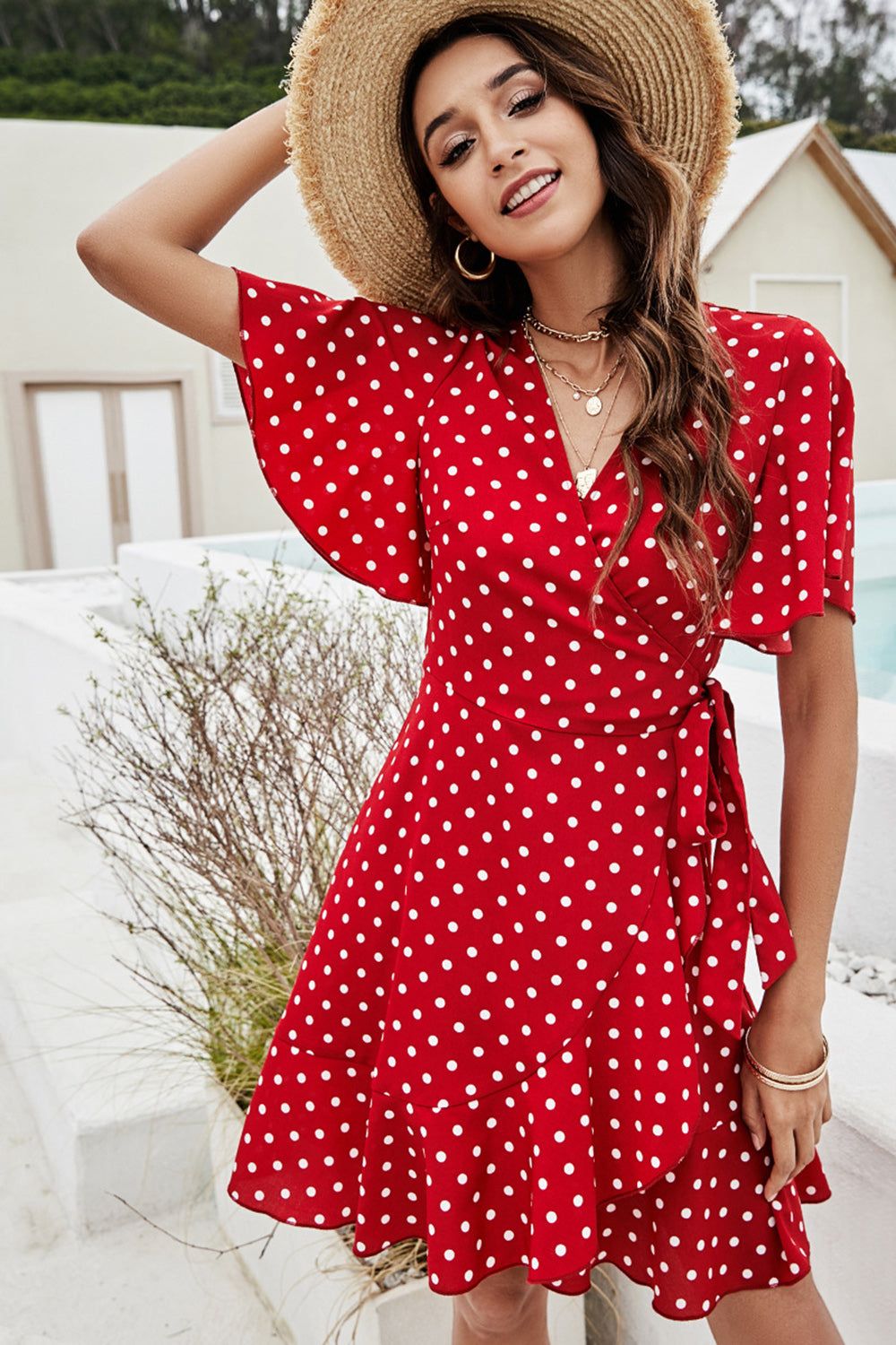 Red Flutter Sleeve Polka Dots Wrap Summer Dress With Ruffles sold by Zapaka product image thumbnail 4
