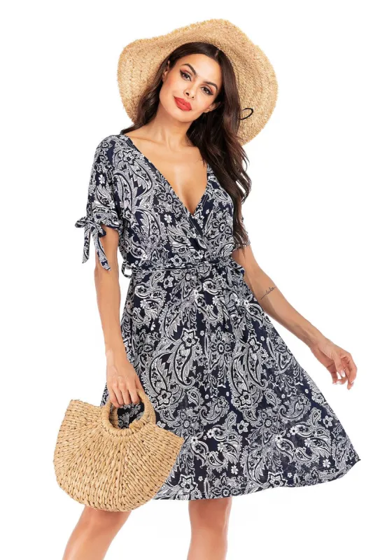 Navy Floral Short Sleeves Boho Dress sold by Zapaka