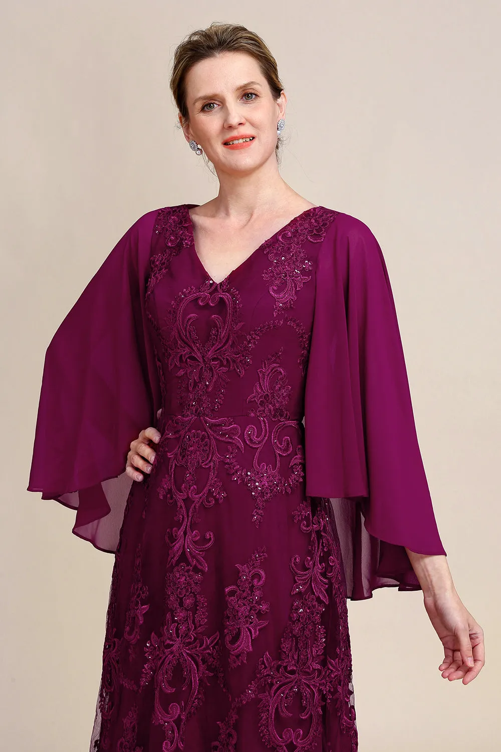Burgundy Batwing Sleeves Beaded Mother of the Bride Dress sold by Zapaka product image thumbnail 3