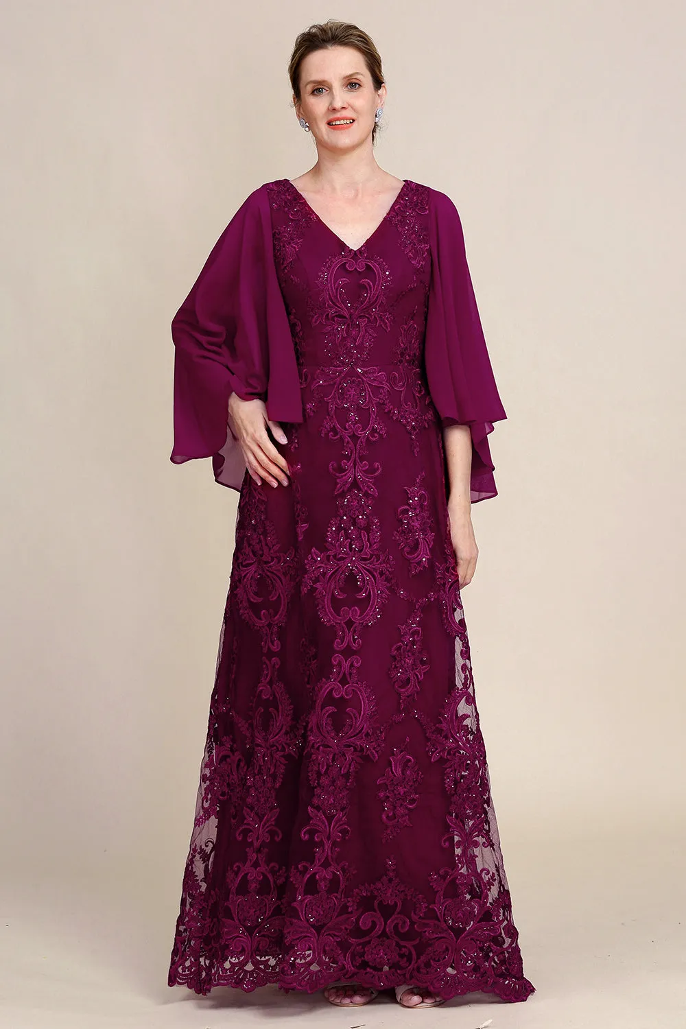 Burgundy Batwing Sleeves Beaded Mother of the Bride Dress sold by Zapaka product image thumbnail 5