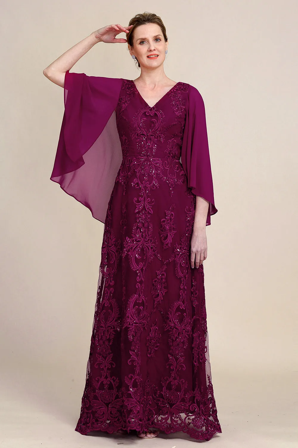 Burgundy Batwing Sleeves Beaded Mother of the Bride Dress sold by Zapaka product image thumbnail 4