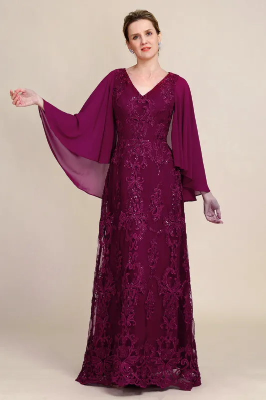 Burgundy Batwing Sleeves Beaded Mother of the Bride Dress made by Zapaka