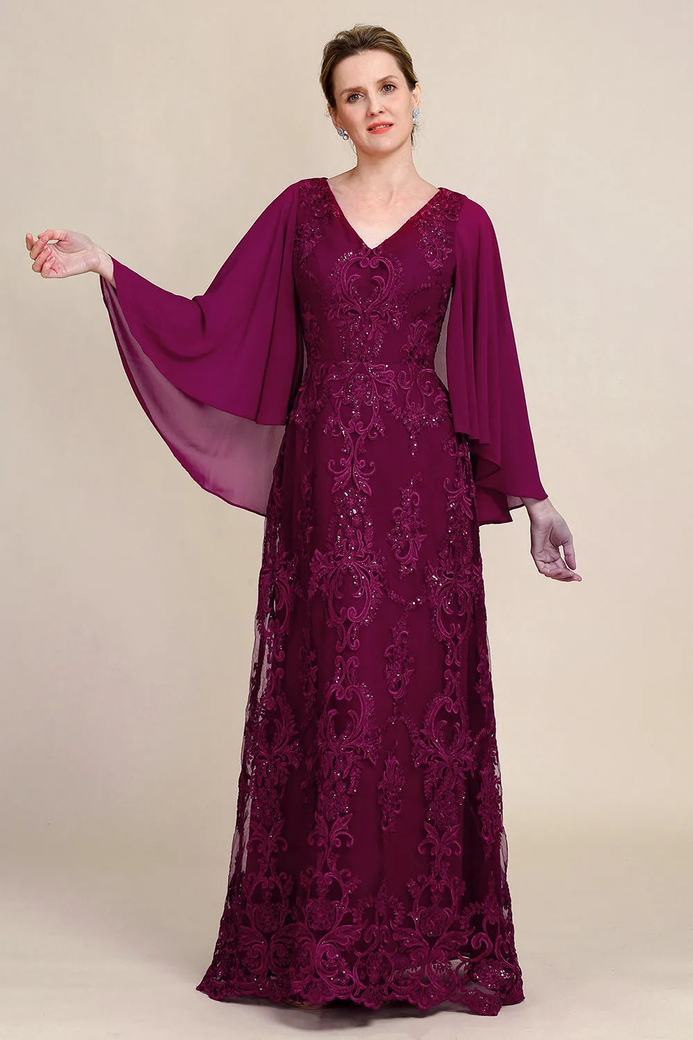 Burgundy Batwing Sleeves Beaded Mother of the Bride Dress sold by Zapaka
