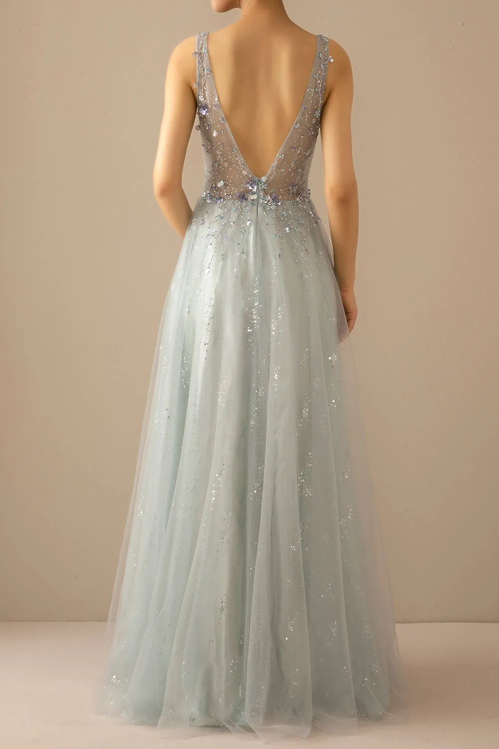 Long A Line Tulle Grey Blue Evening Dress sold by Zapaka product image thumbnail 2