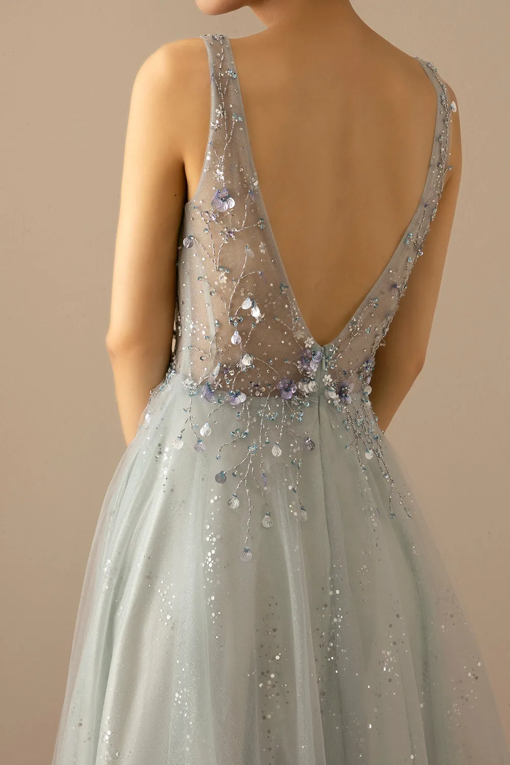 Long A Line Tulle Grey Blue Evening Dress sold by Zapaka product image thumbnail 4
