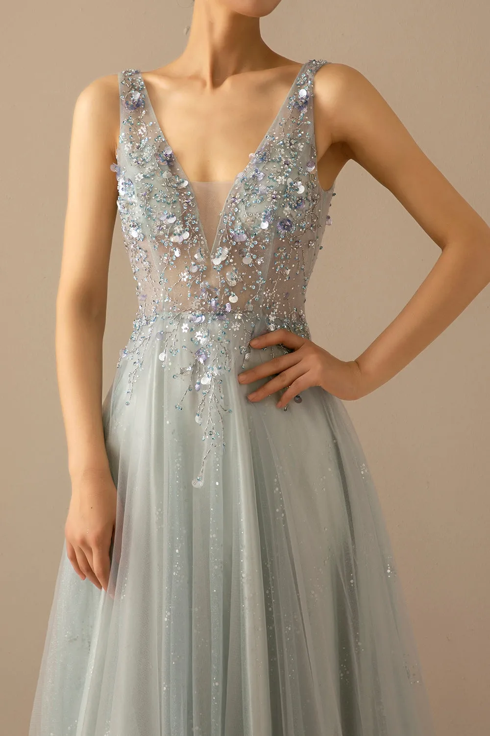 Long A Line Tulle Grey Blue Evening Dress sold by Zapaka product image thumbnail 3
