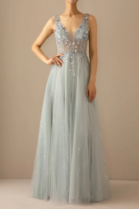 Long A Line Tulle Grey Blue Evening Dress sold by Zapaka
