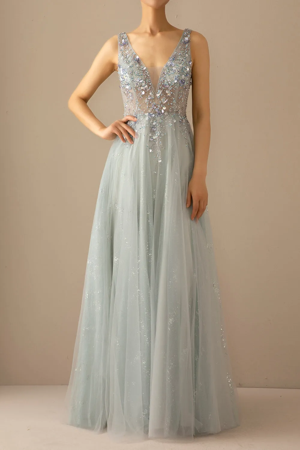 Long A Line Tulle Grey Blue Evening Dress sold by Zapaka