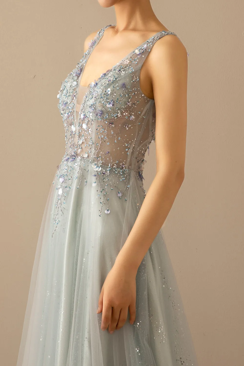 Long A Line Tulle Grey Blue Evening Dress sold by Zapaka product image thumbnail 5