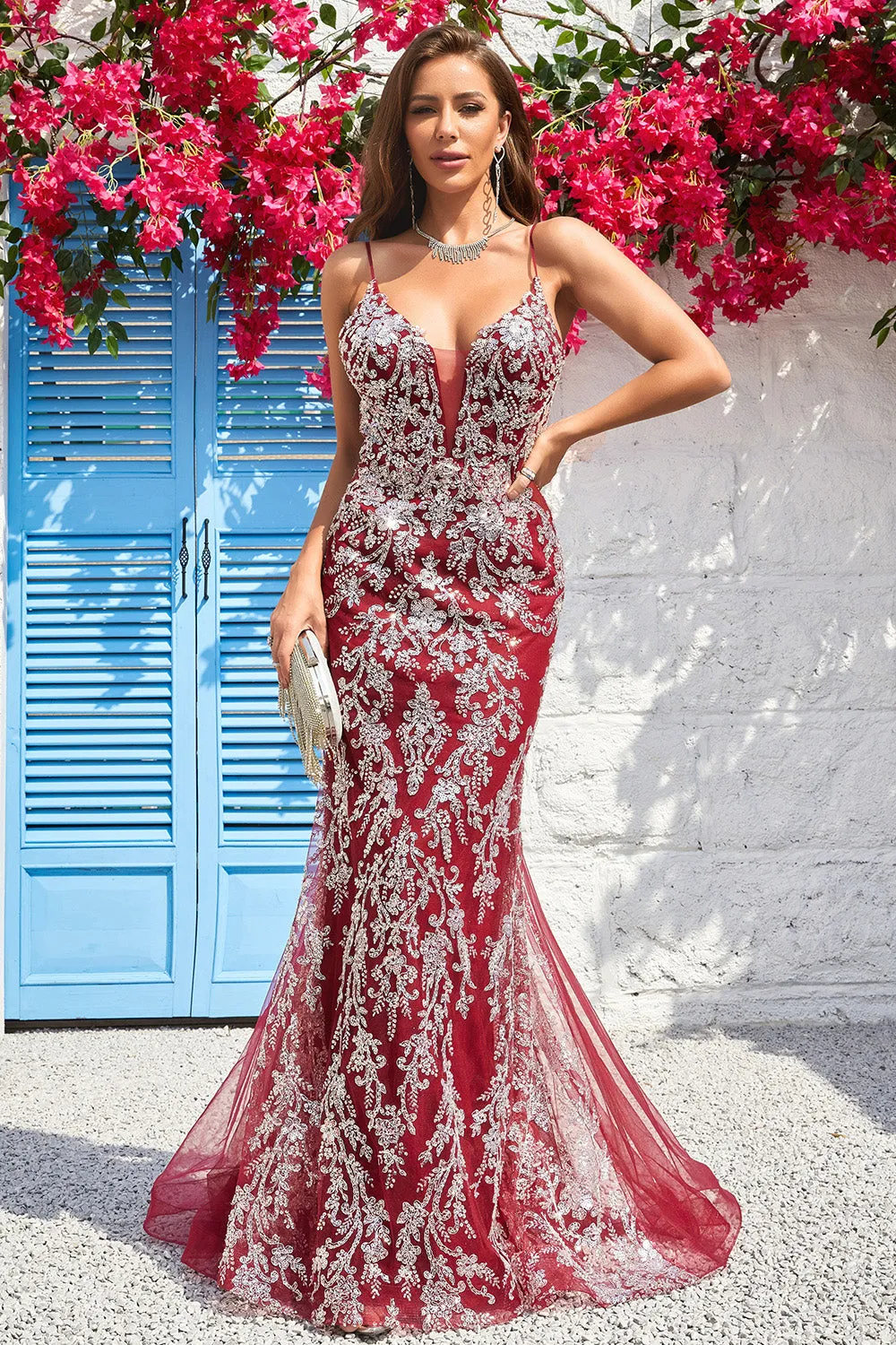 Mermaid Spaghetti Straps Burgundy Long Prom Dress with Open Back sold by Zapaka product image thumbnail 5