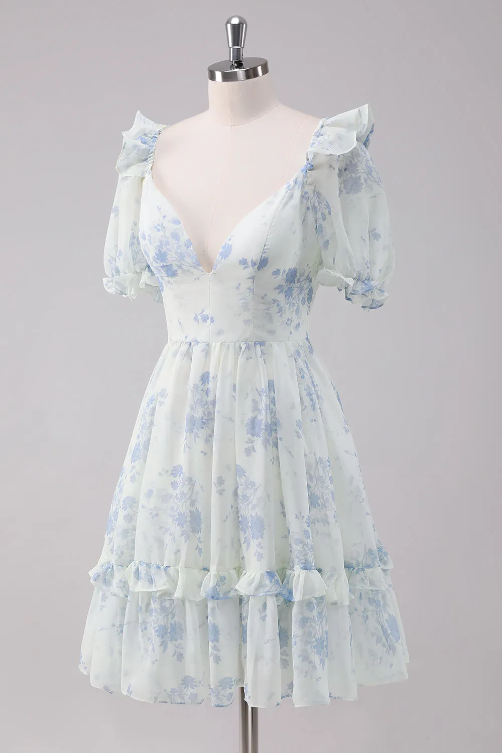 Light Blue Floral Short Homecoming Dress with Short Sleeves sold by Zapaka product image thumbnail 3