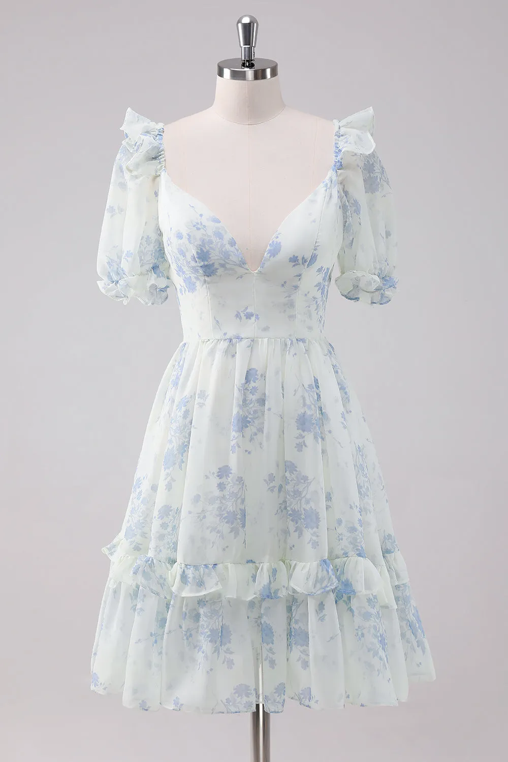 Light Blue Floral Short Homecoming Dress with Short Sleeves sold by Zapaka