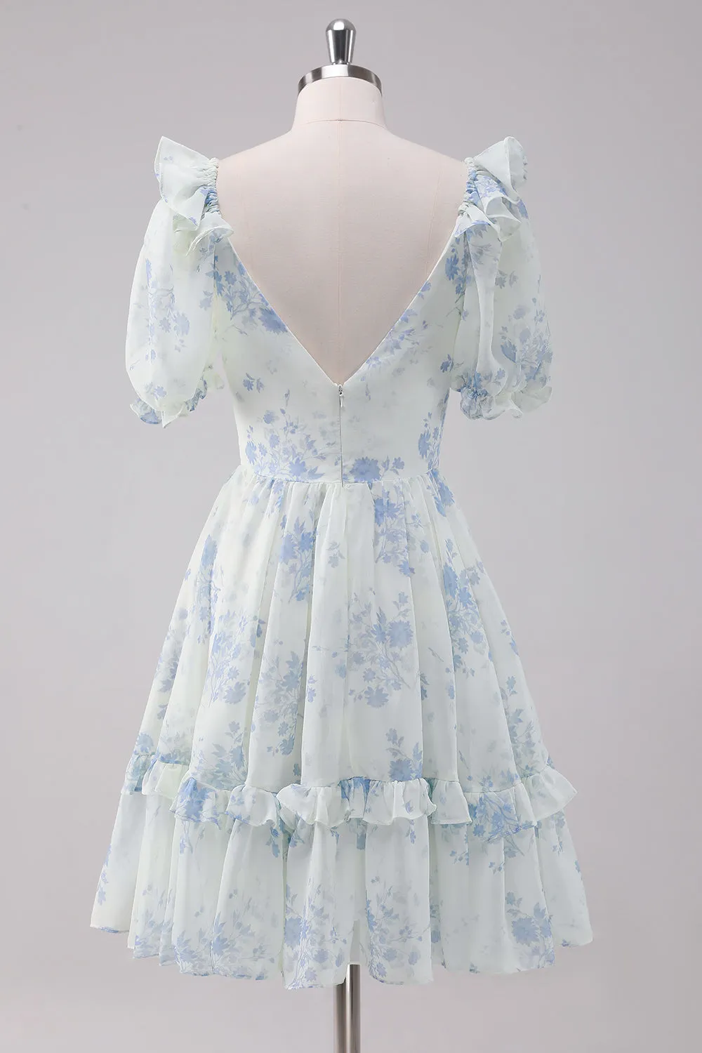 Light Blue Floral Short Homecoming Dress with Short Sleeves sold by Zapaka product image thumbnail 2