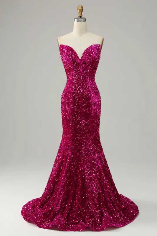 Fuchsia Sweetheart Neck Sequined Mermaid Prom Dress With Sweep Train made by Zapaka