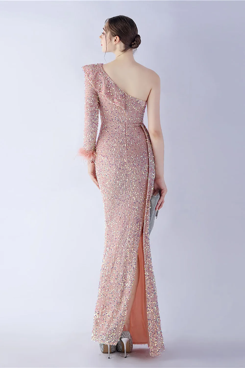 Mermaid One Shoulder Sequin Formal Dress With Feathers sold by Zapaka product image thumbnail 5