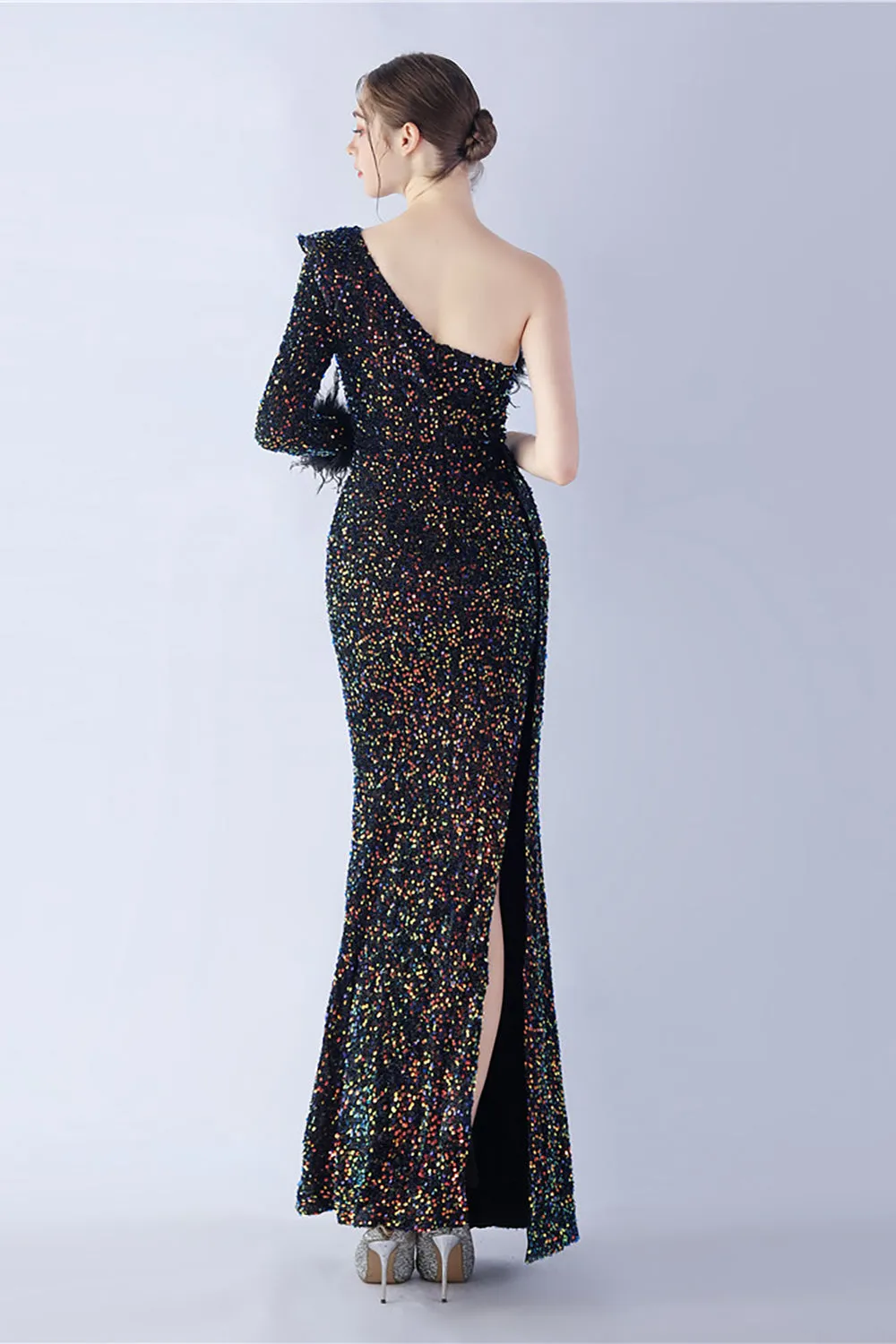 Mermaid One Shoulder Sequin Formal Dress With Feathers sold by Zapaka product image thumbnail 2