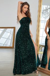 Dark Green A Line One Shoulder Sequin Prom Dress with Slit sold by Zapaka