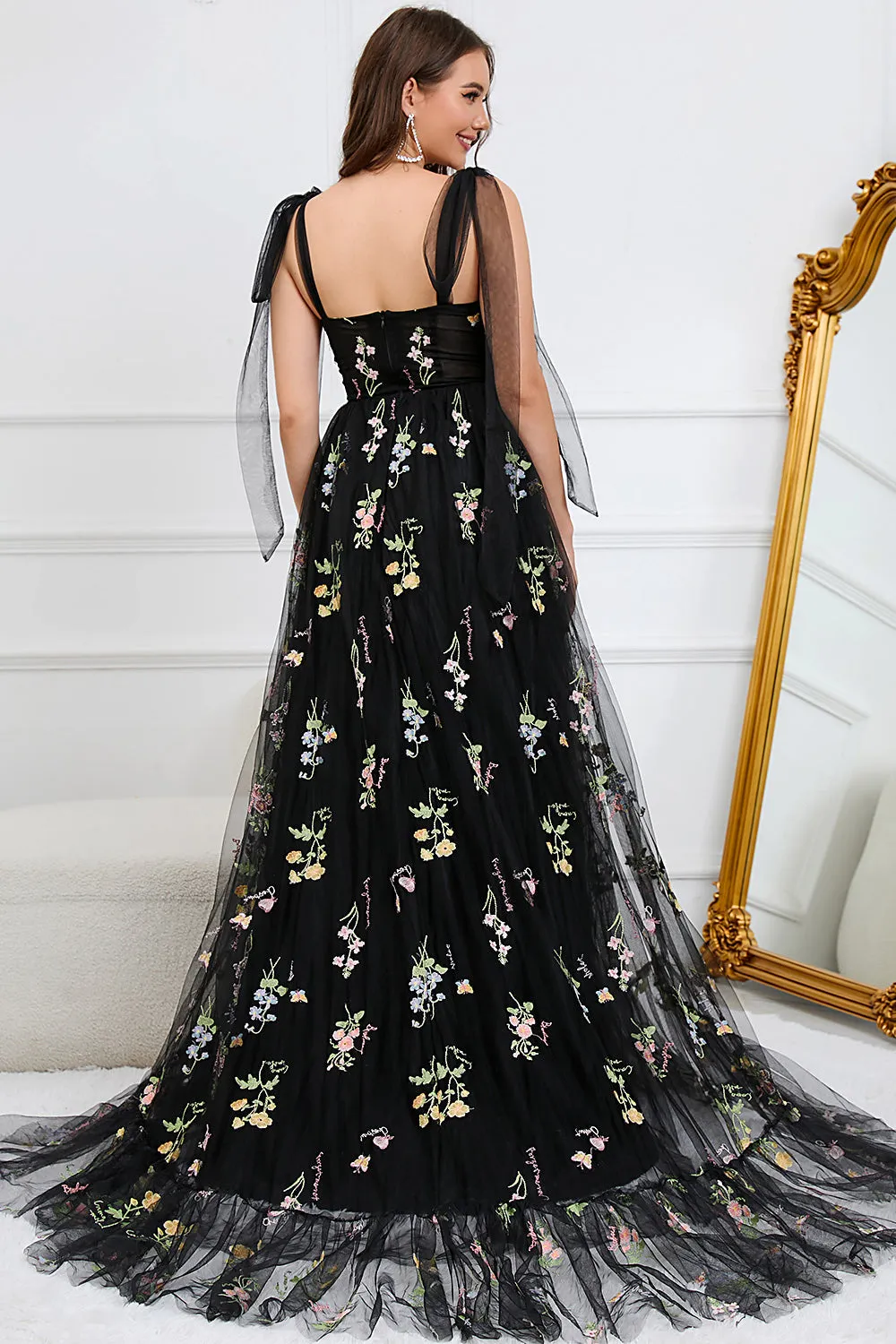 A Line Spaghetti Straps Black Plus Size Prom Dress with Embroidery sold by Zapaka product image thumbnail 2