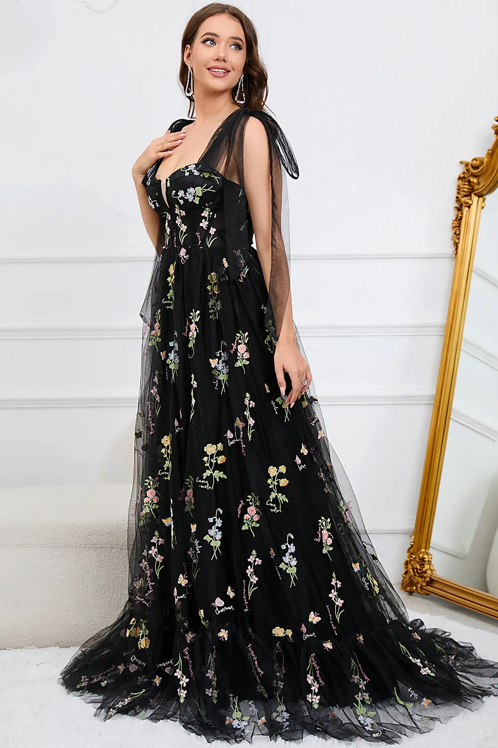 A Line Spaghetti Straps Black Plus Size Prom Dress with Embroidery sold by Zapaka product image thumbnail 4