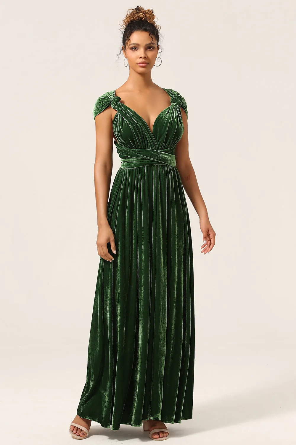 Elegant A Line V Neck Dark Green Covertible Wear Velvet Long Bridesmaid Dress sold by Zapaka product image thumbnail 5