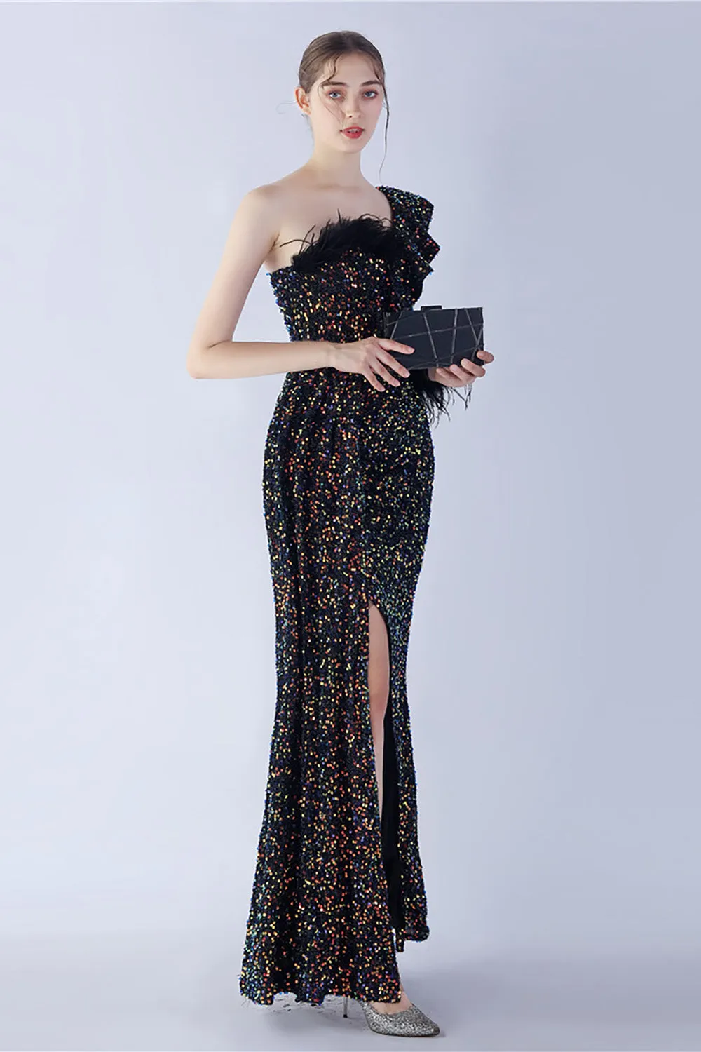Mermaid One Shoulder Sequin Formal Dress With Feathers sold by Zapaka product image thumbnail 3