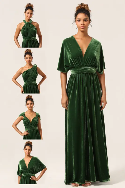 Elegant A Line V Neck Dark Green Covertible Wear Velvet Long Bridesmaid Dress sold by Zapaka