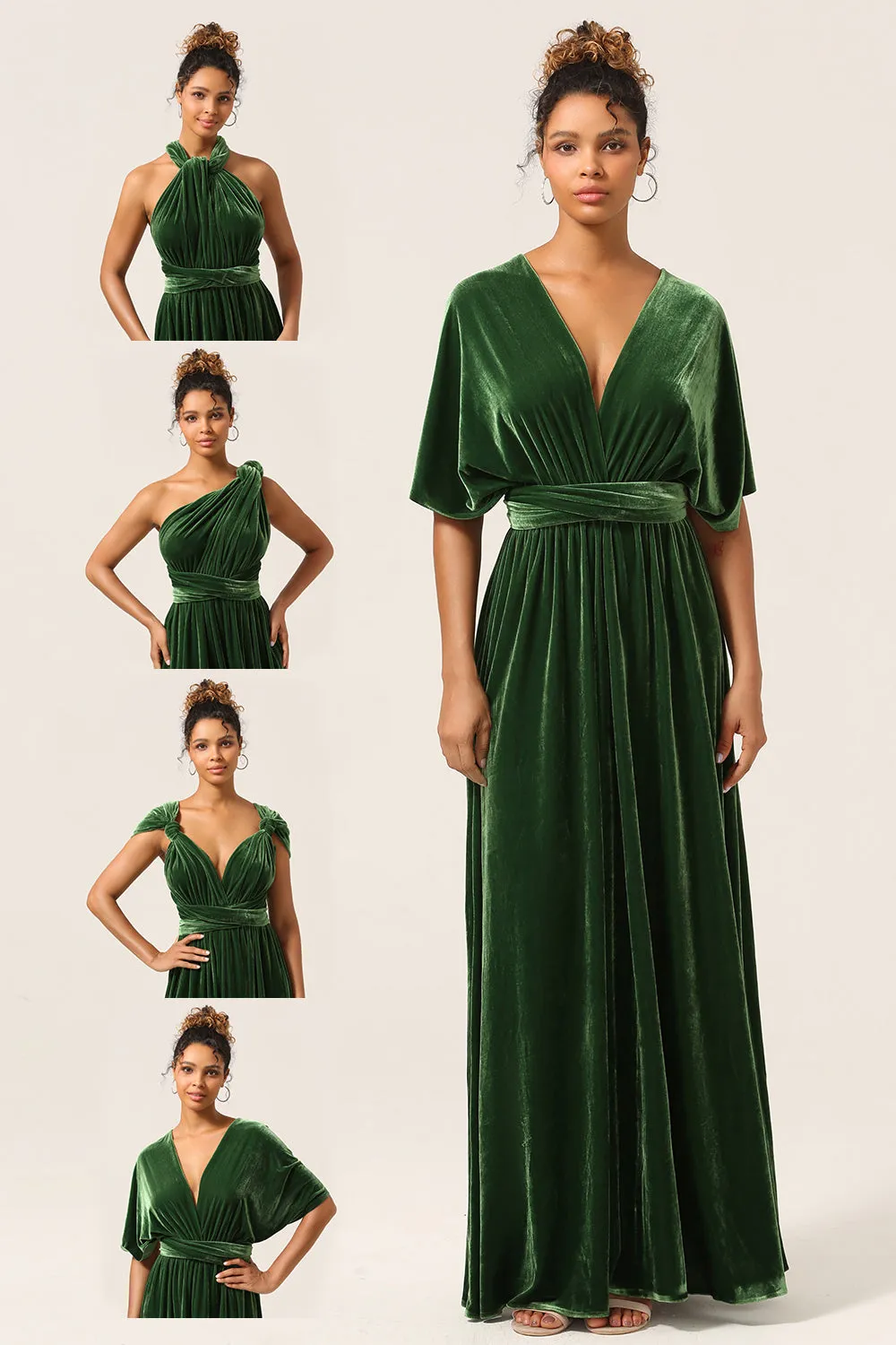 Elegant A Line V Neck Dark Green Covertible Wear Velvet Long Bridesmaid Dress sold by Zapaka