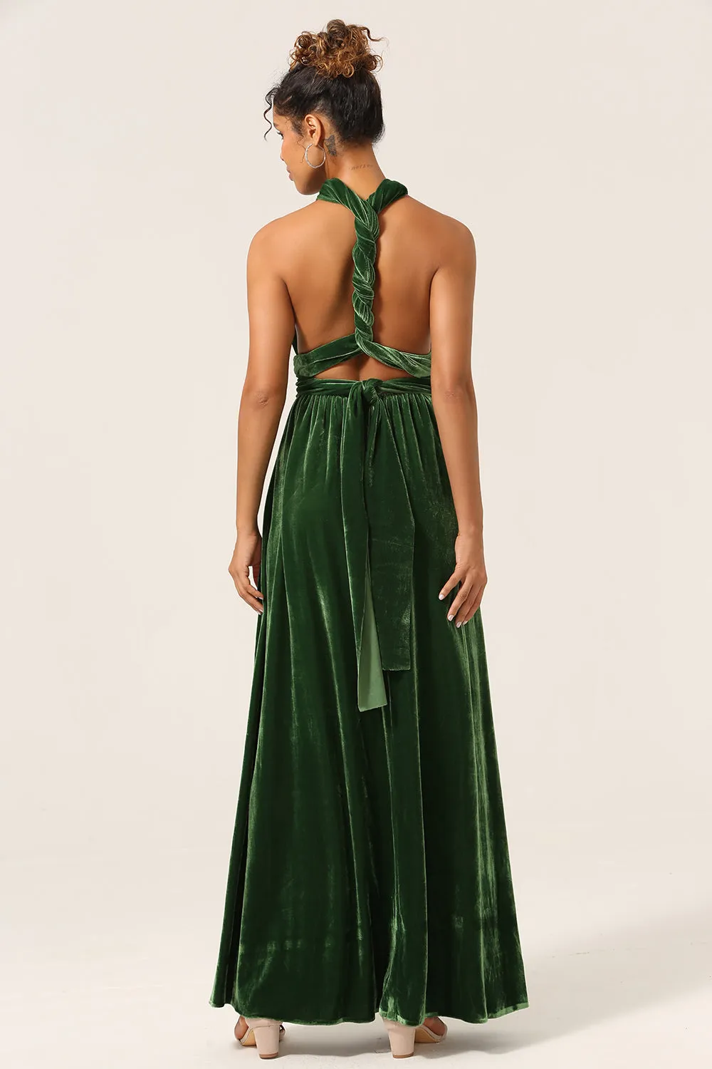 Elegant A Line V Neck Dark Green Covertible Wear Velvet Long Bridesmaid Dress sold by Zapaka product image thumbnail 4